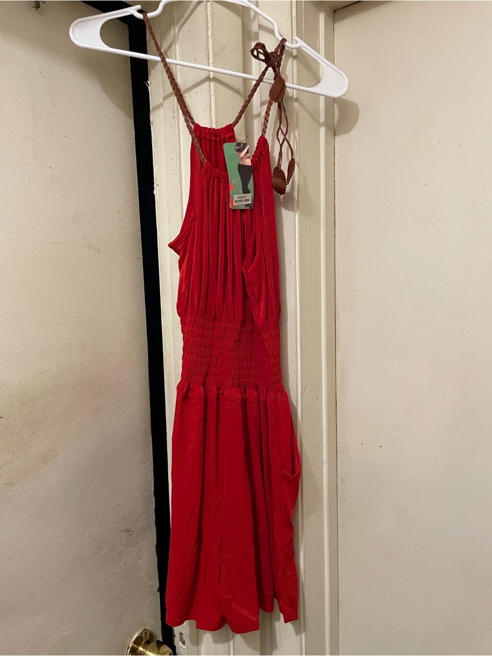 Red Halter Romper One Size Smocked Waist Sleeveless Boho Stretch Pockets
